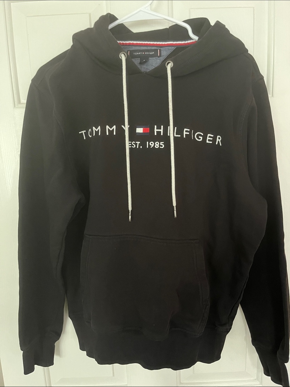 Tommy Hilfiger Black Hoodie with White Drawstrings and Flag Detail